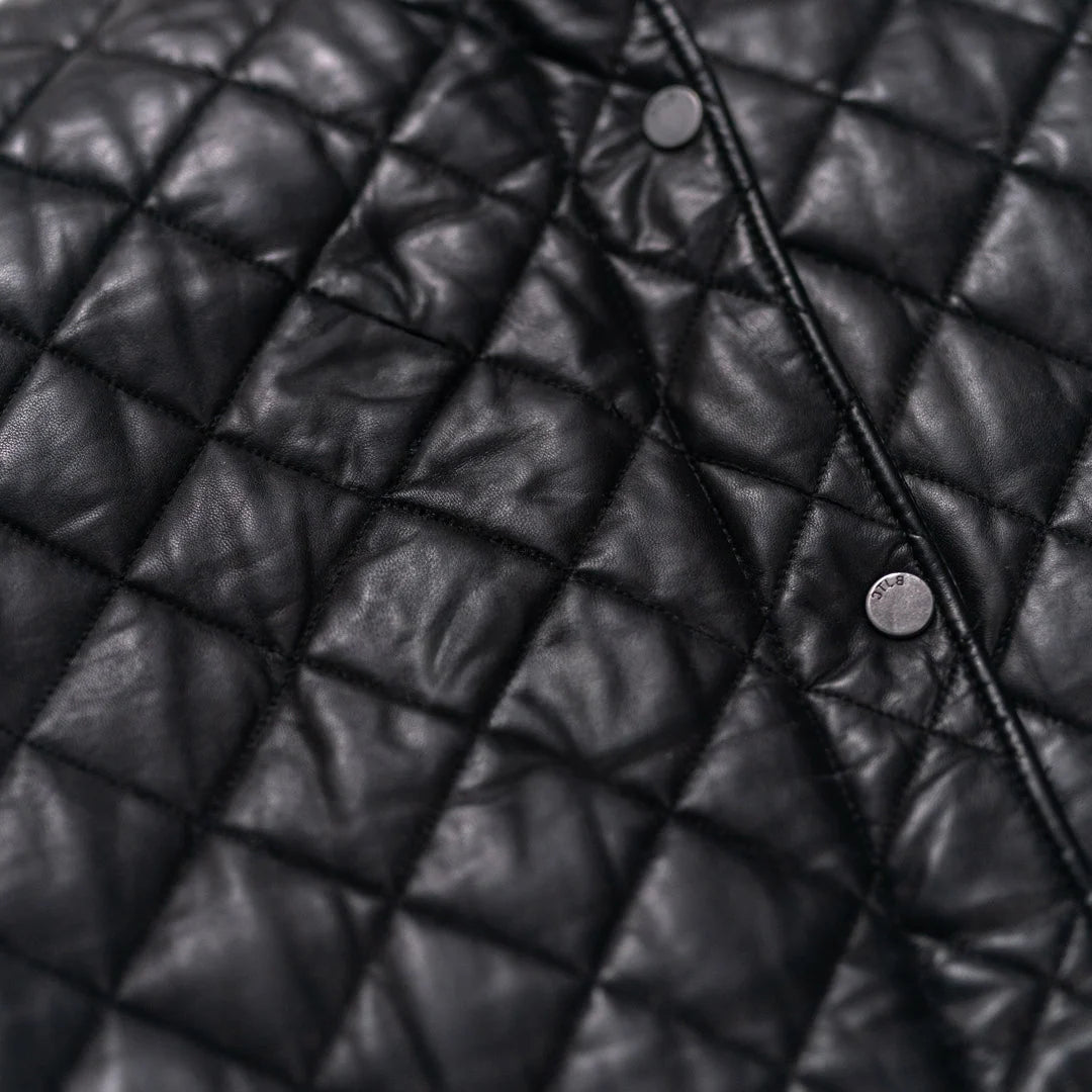 Close-up of a black quilted jacket with diamond pattern and button details.