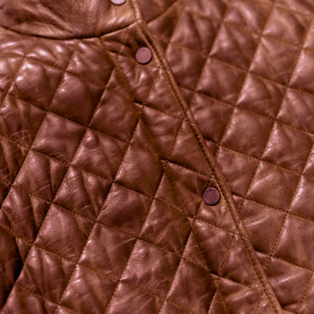 Close-up of a brown quilted leather jacket