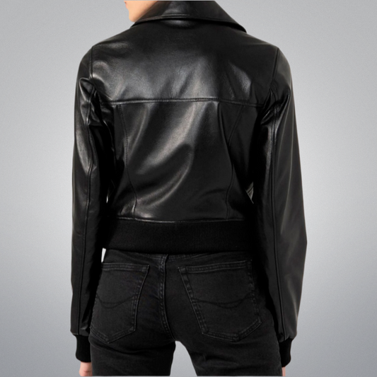 Black Long Collar Bomber Jacket by Cuir Jackets USA
