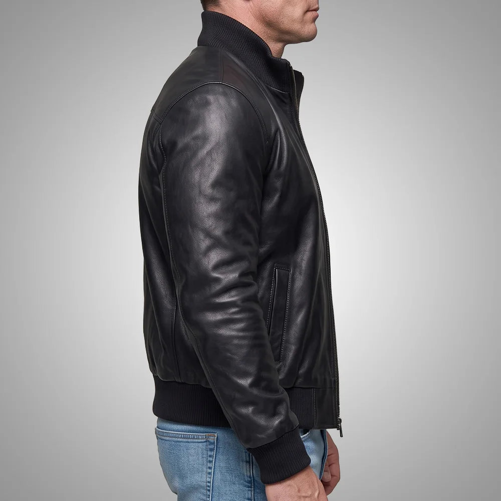 Long Collar Lambskin Leather Jacket - Black