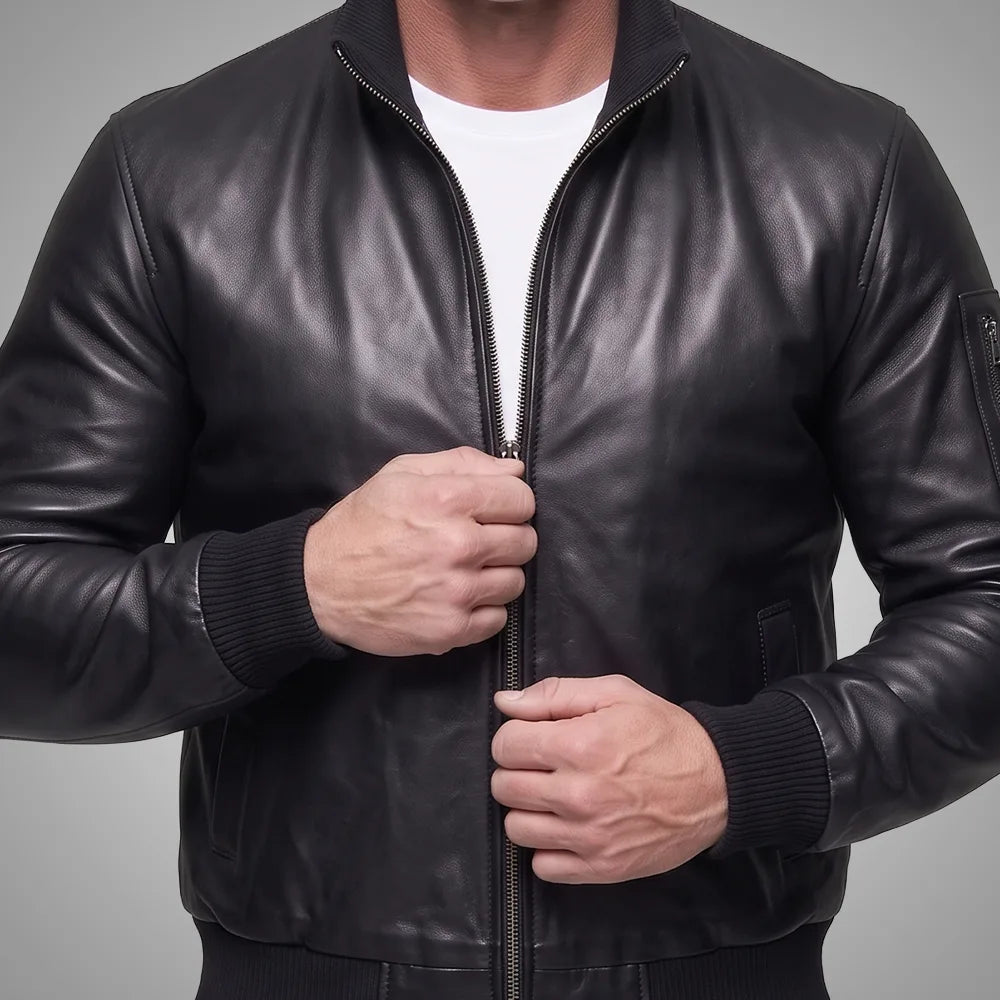 Long Collar Lambskin Leather Jacket - Black