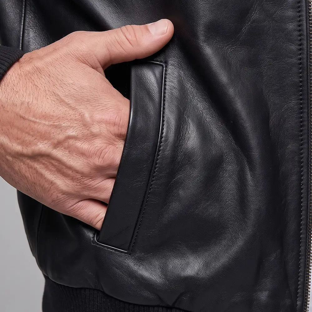Long Collar Lambskin Leather Jacket - Black