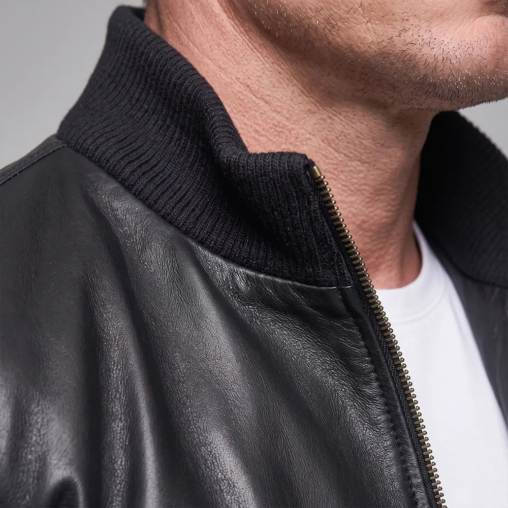 Long Collar Lambskin Leather Jacket - Black