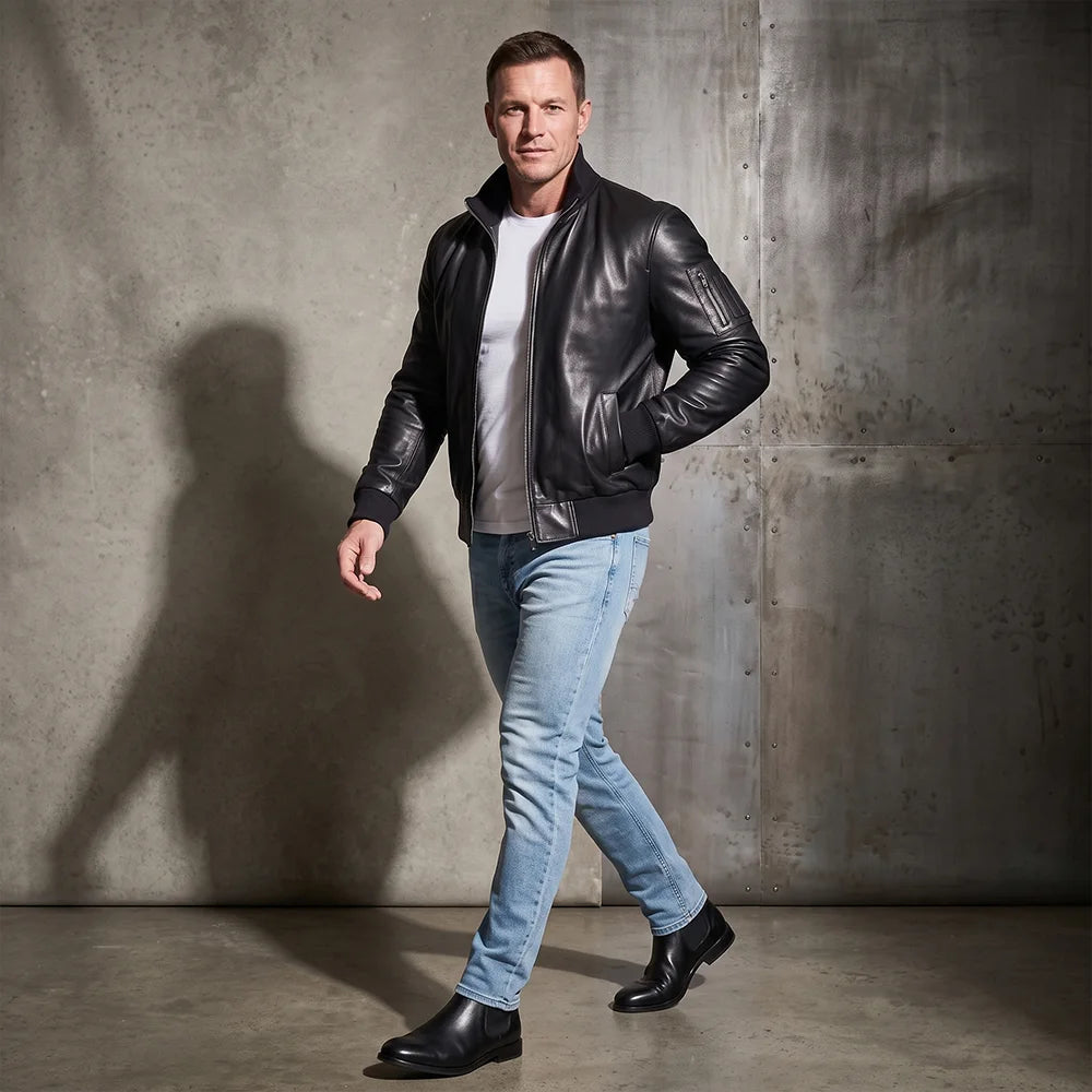 Long Collar Lambskin Leather Jacket - Black