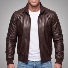 Long Collar Lambskin Leather Jacket - Brown