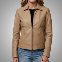 Women's Beige Lambskin Leather Jacket - Long Point Collar
