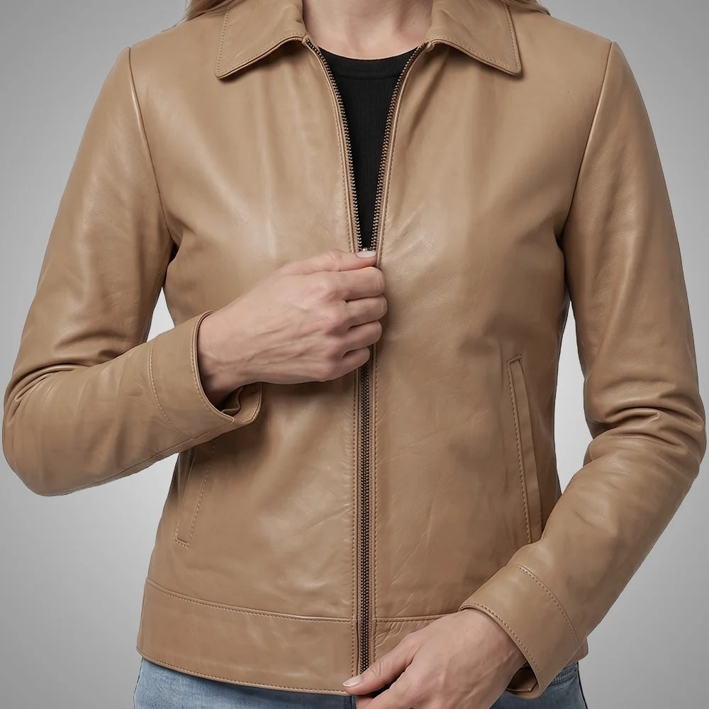 Women's Beige Lambskin Leather Jacket - Long Point Collar