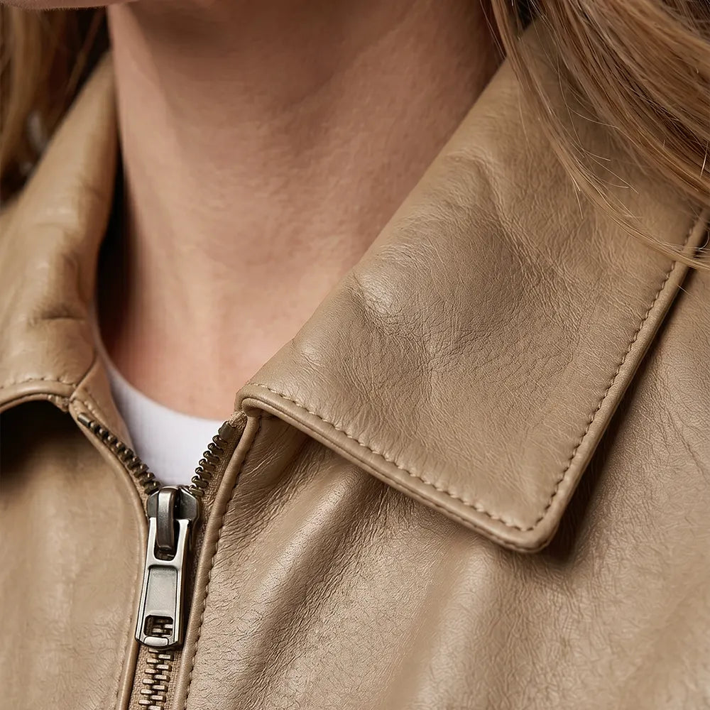 Women's Beige Lambskin Leather Jacket - Long Point Collar