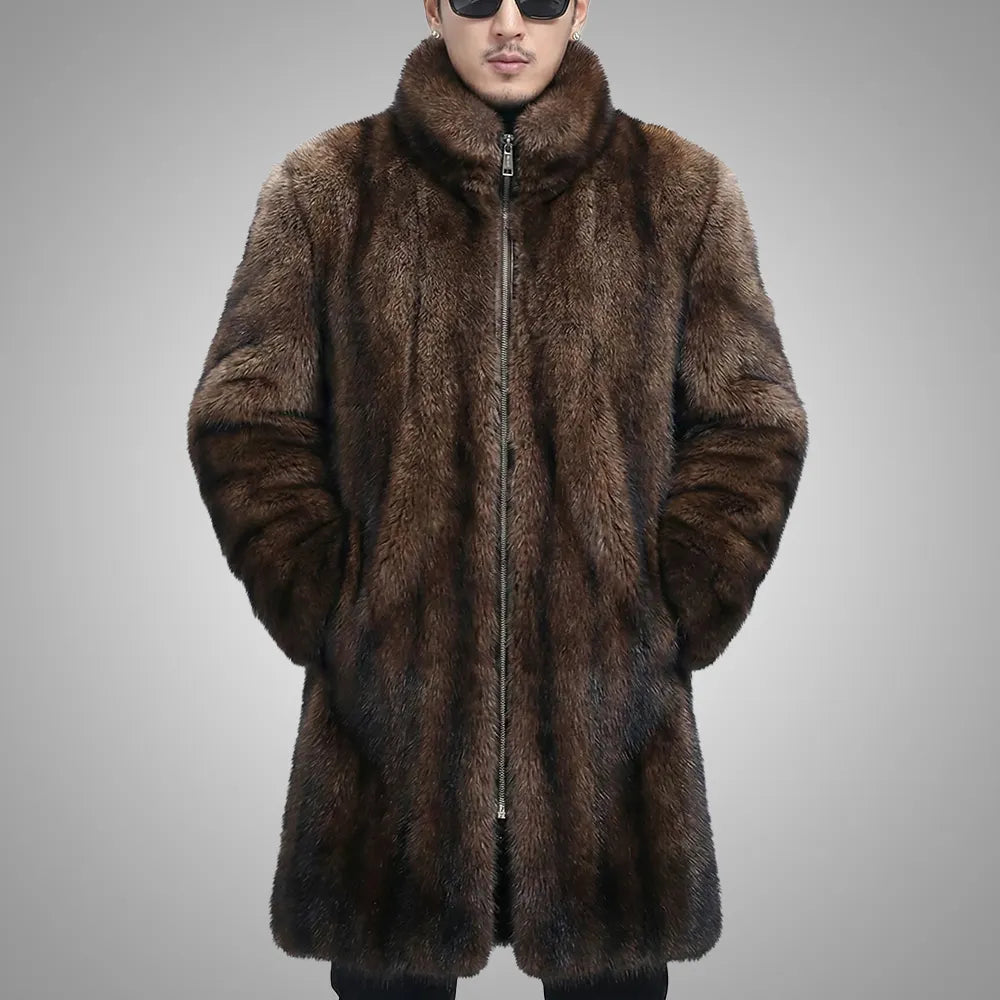 Men’s Long Faux Fur Trench Coat – Lapel Winter Overcoat
