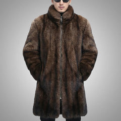 Men’s Long Brown Faux Fur Coat | Stand Collar