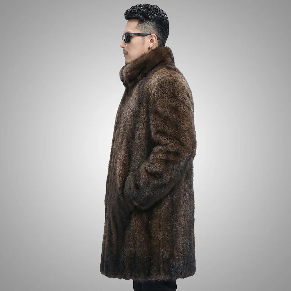 Men’s Long Faux Fur Trench Coat, Luxury Lapel Overcoat