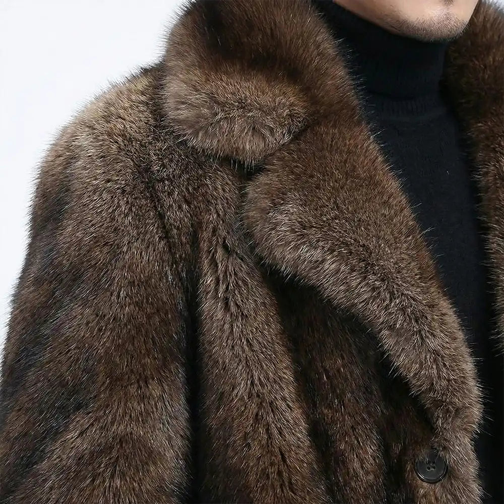 Men’s Long Faux Fur Trench Coat, Luxury Lapel Overcoat