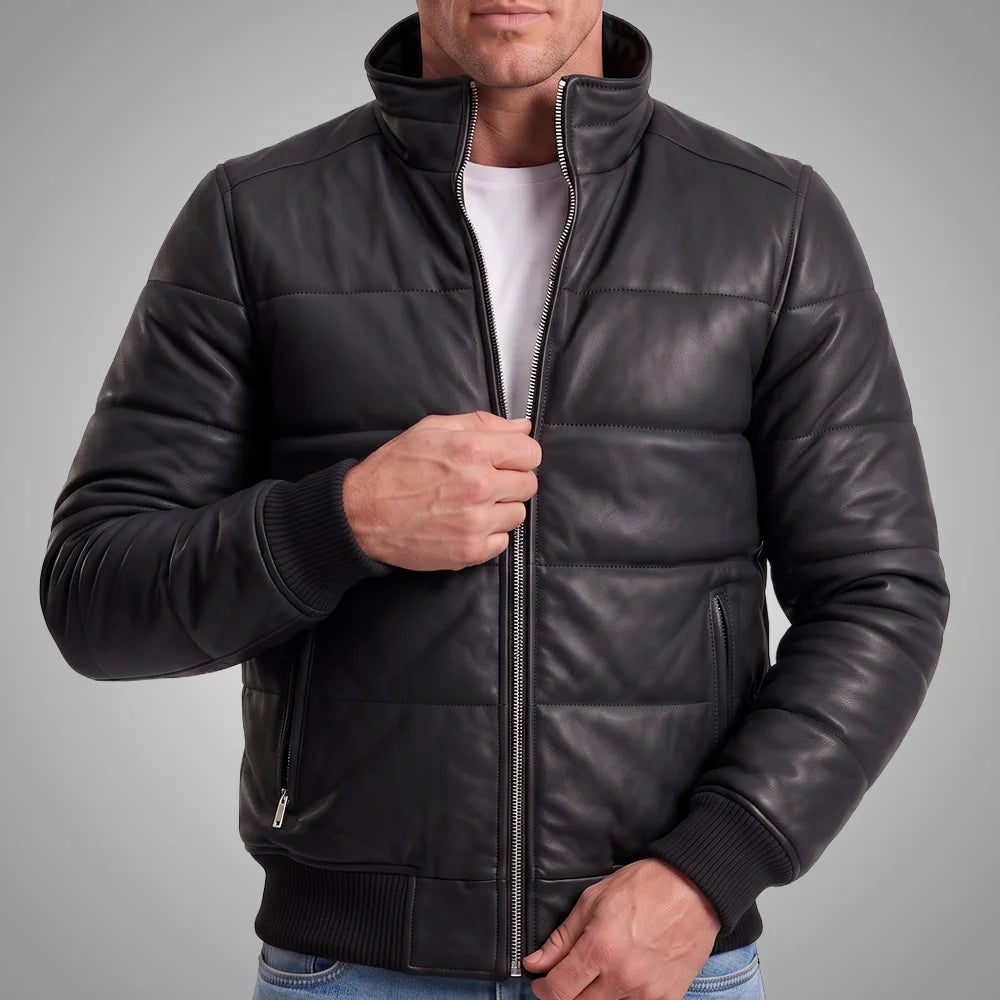 Men's Sheepskin Leather Puffer Bomber Jacket | Black