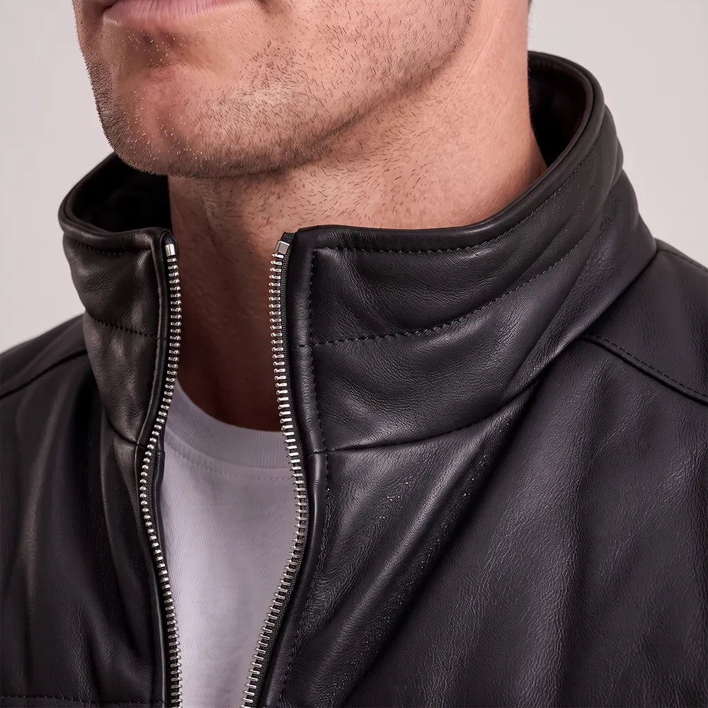 Men's Sheepskin Leather Puffer Bomber Jacket | Black