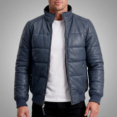 Men's Sheepskin Leather Puffer Bomber Jacket | Blue