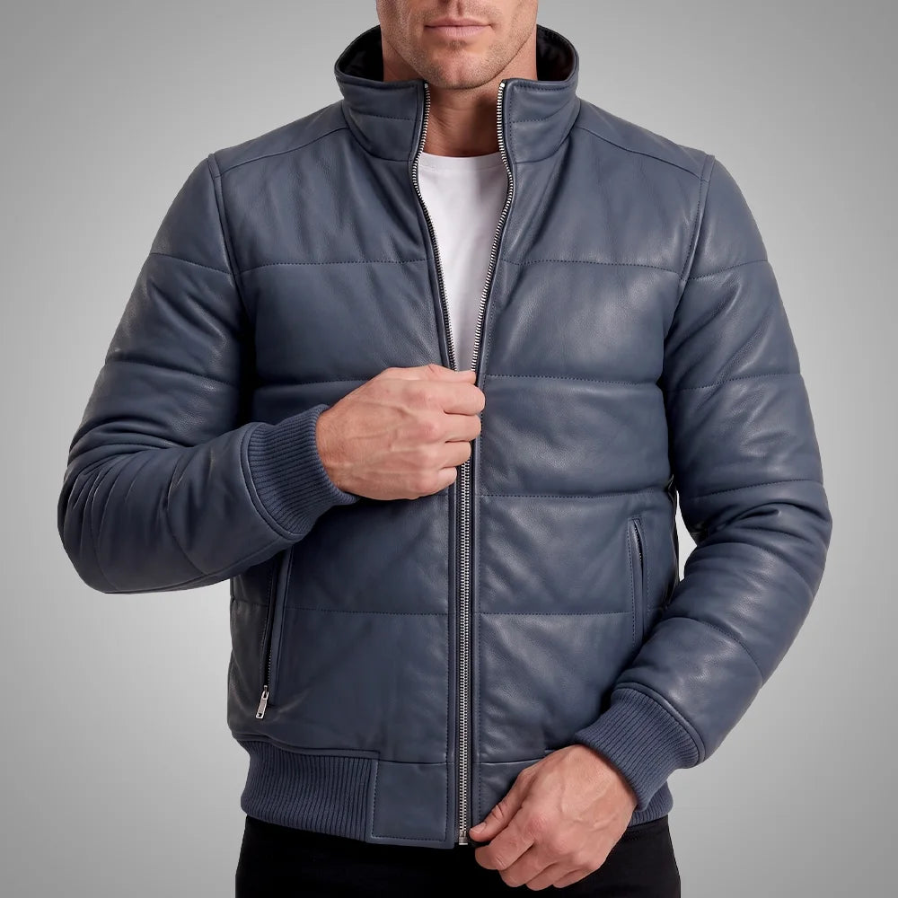 Men's Sheepskin Leather Puffer Bomber Jacket | Blue