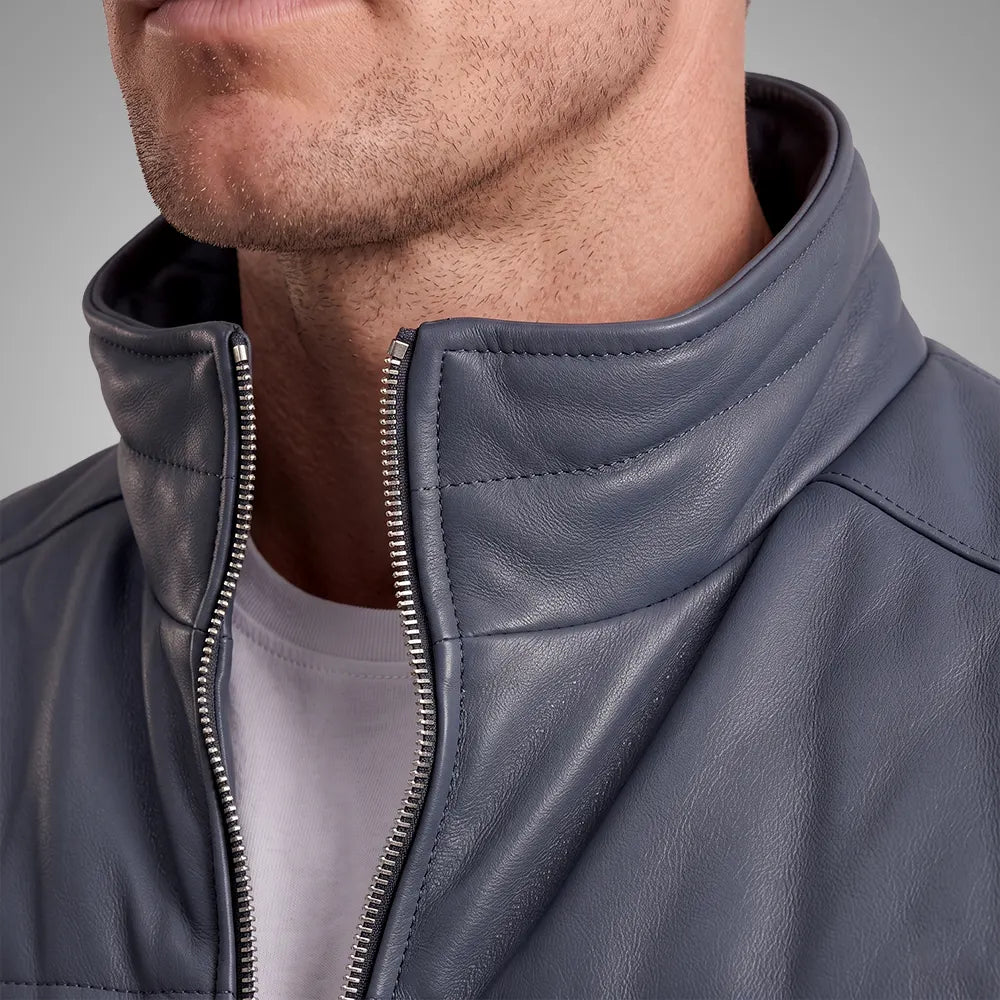 Men's Sheepskin Leather Puffer Bomber Jacket | Blue