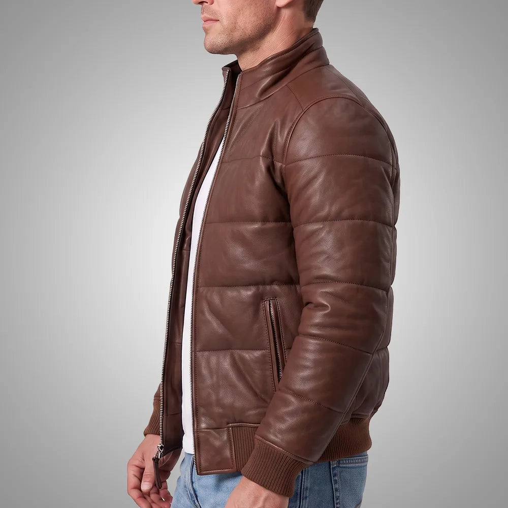 Men's Sheepskin Leather Puffer Bomber Jacket | Brown