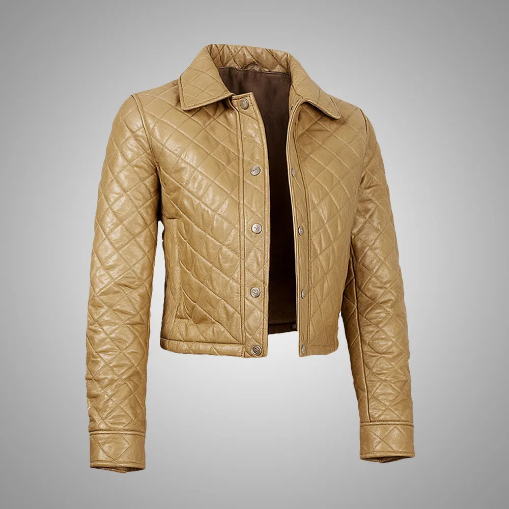 Women's Honey Beige Cropped Quilted Leather Jacket