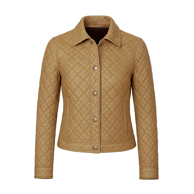 Women's Honey Beige Cropped Quilted Leather Jacket