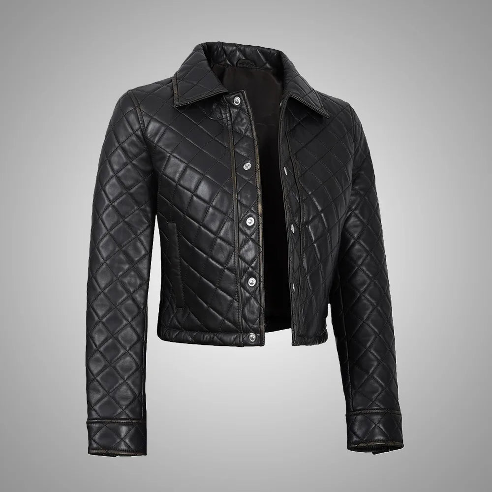 Women's Black Cropped Quilted Leather Jacket