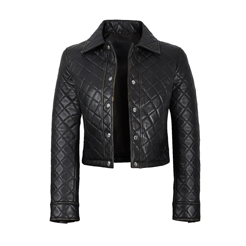 Women's Black Cropped Quilted Leather Jacket