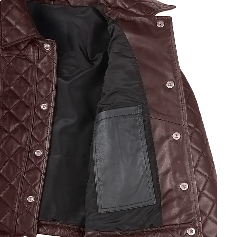 Women's Dark Chestnut Cropped Quilted Leather Jacket