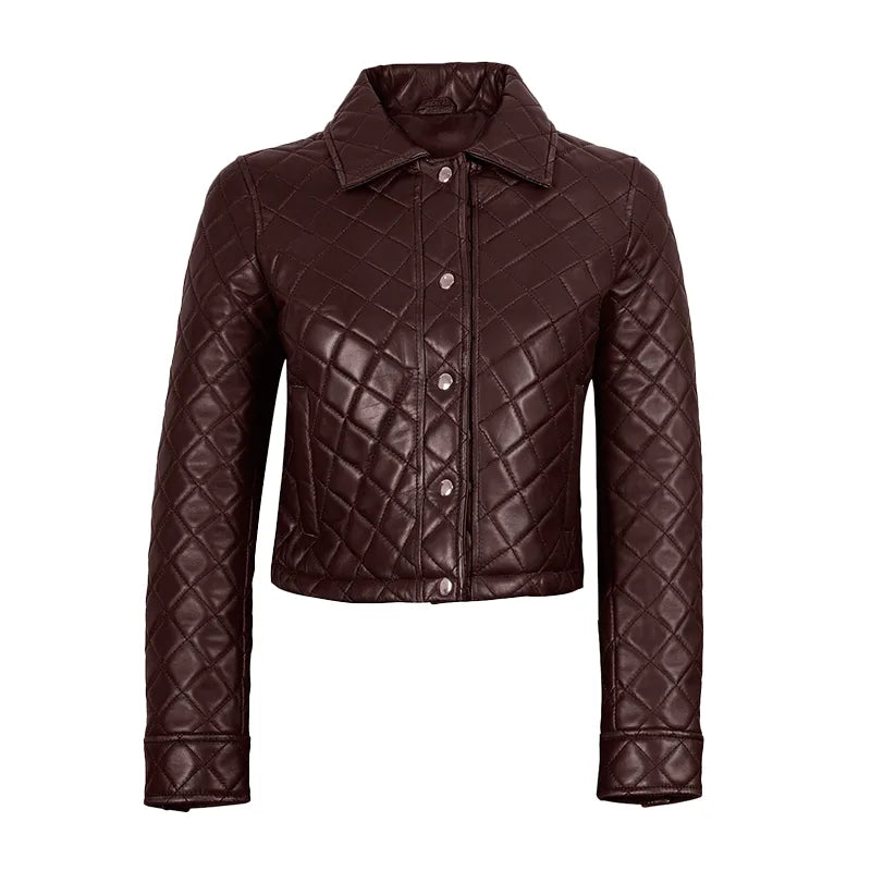 Women's Dark Chestnut Cropped Quilted Leather Jacket