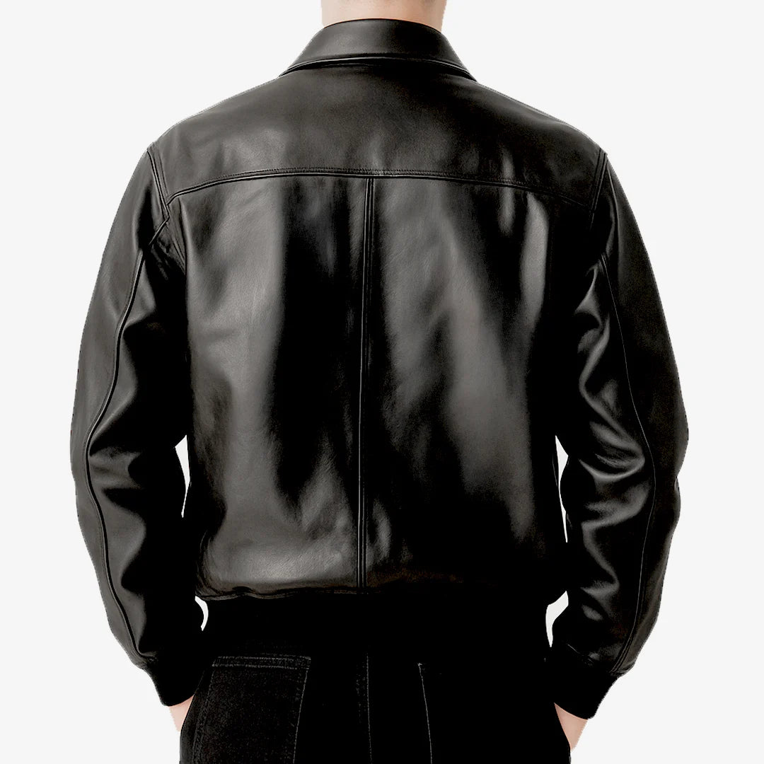 Black leather jacket on a white background