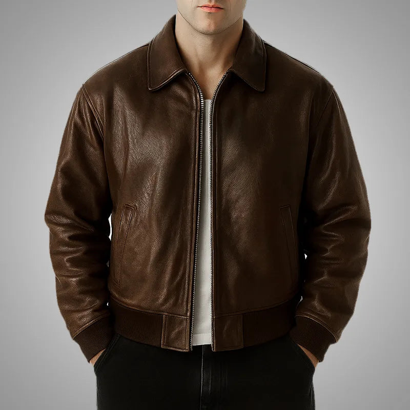 Oversized Mahogany Shadow Leather Bomber Jacket