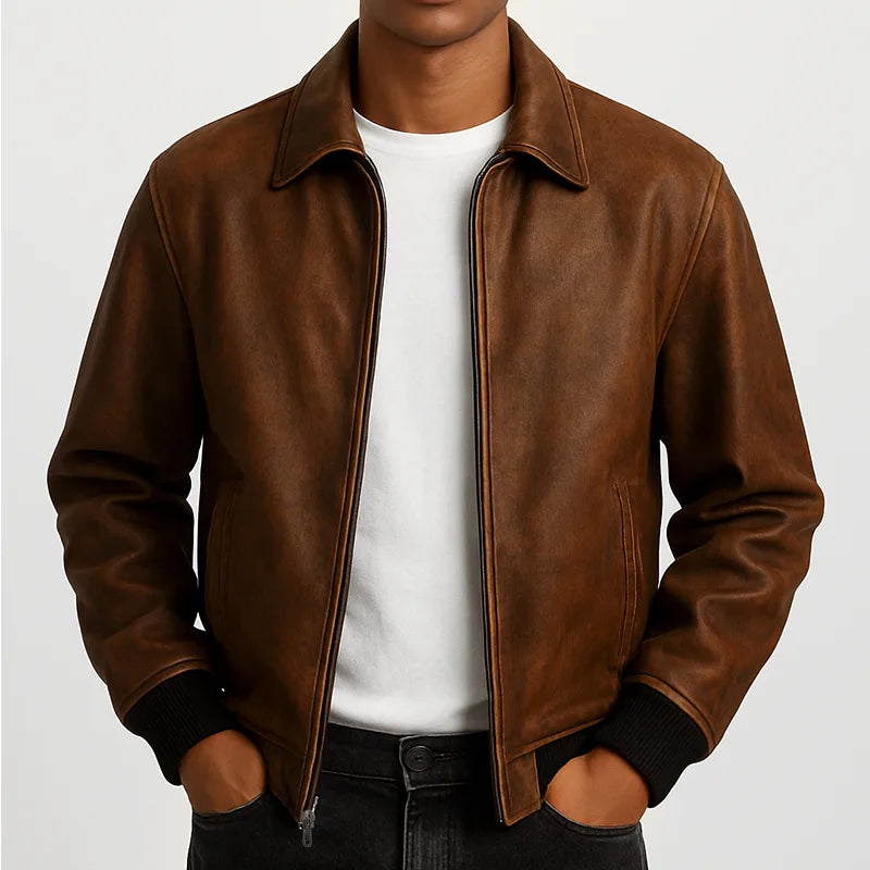 Oversized Vintage Brown Leather Bomber Jacket | Relaxed Streetwear