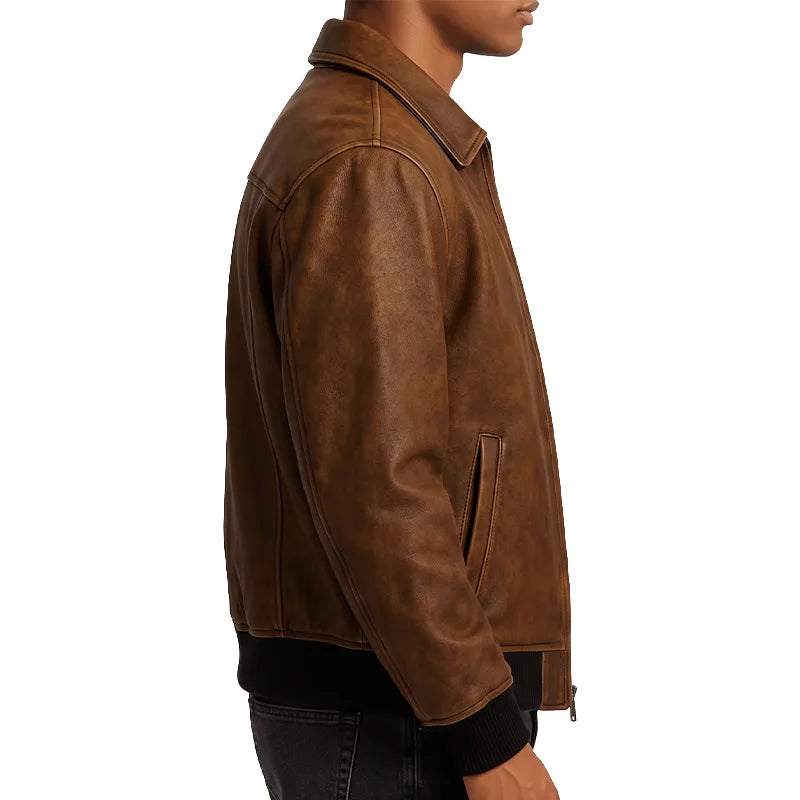 Oversized Vintage Brown Leather Bomber Jacket | Relaxed Streetwear