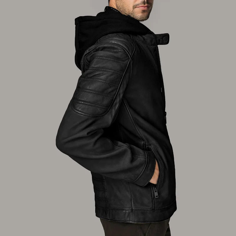 Black leather jacket with a hood on a gray background
