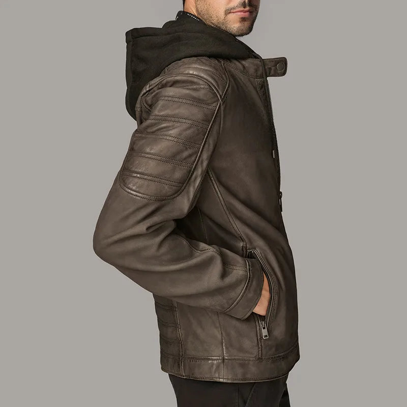 Brown leather jacket with a hood on a gray background