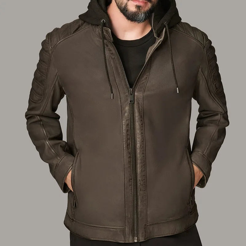 Brown leather jacket with a hood on a gray background
