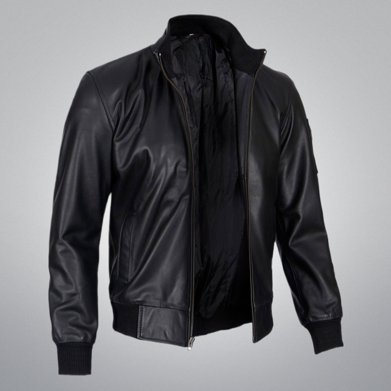 Black Bomber Jacket (Longer collar) by Cuir Jackets USA