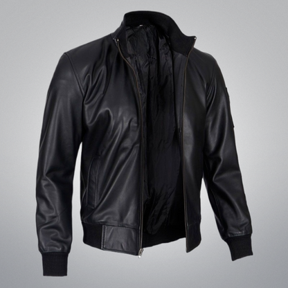 Black Bomber Jacket (Longer collar) by Cuir Jackets USA