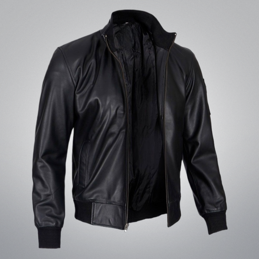 Black Bomber Jacket (Longer collar) by Cuir Jackets USA