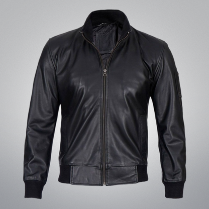 Black Bomber Jacket (Longer collar) by Cuir Jackets USA