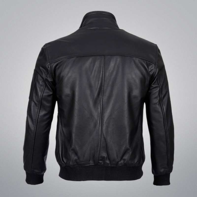 Black Bomber Jacket (Longer collar) by Cuir Jackets USA