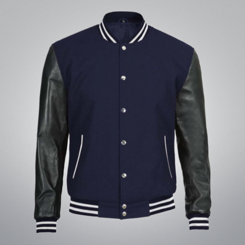 Navy Blue Varsity Jacket With Leather Sleeves y Cuir Jackets USA