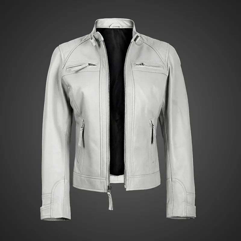 Mocha Luxe Women’s Racer Leather Jacket - White