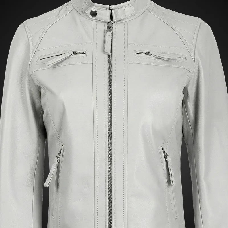 White women's racer leather jacket made of premium lambskin by Cuir Jackets, displayed on a model.