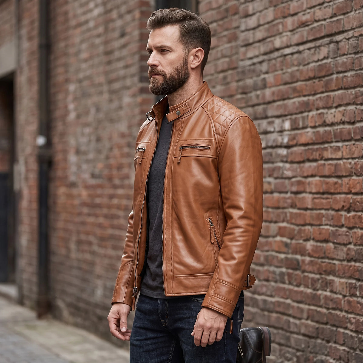 QuiltedBikerJacketOrangeBrown