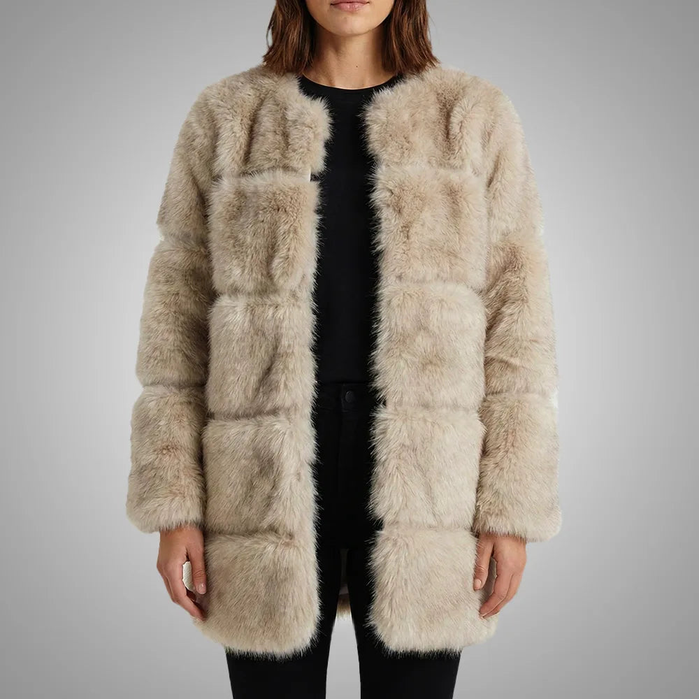 Fur Paneled Long Jacket - Soft Plush | Cream | CuirJackets