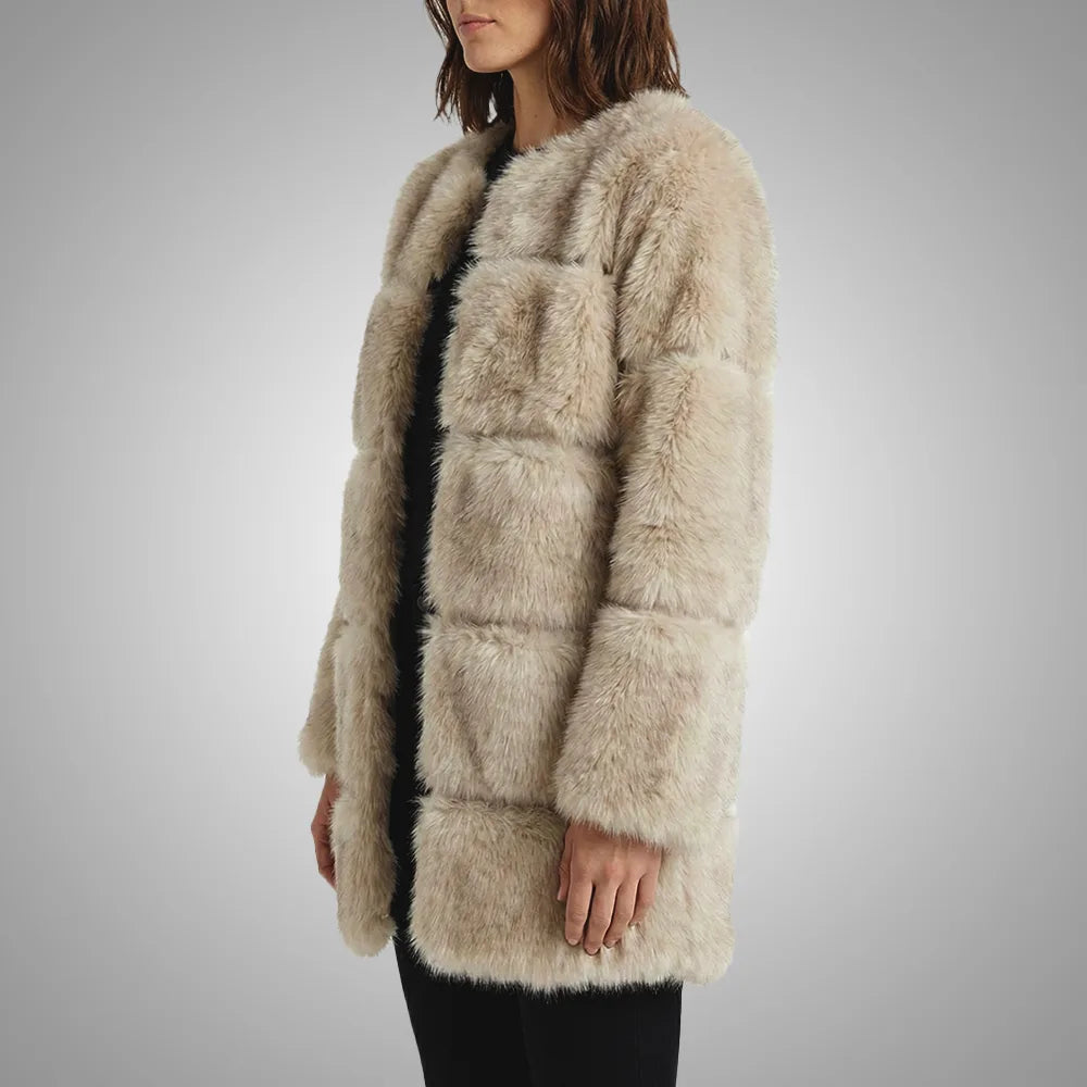 River Island Cream Long Paneled Fur Jacket