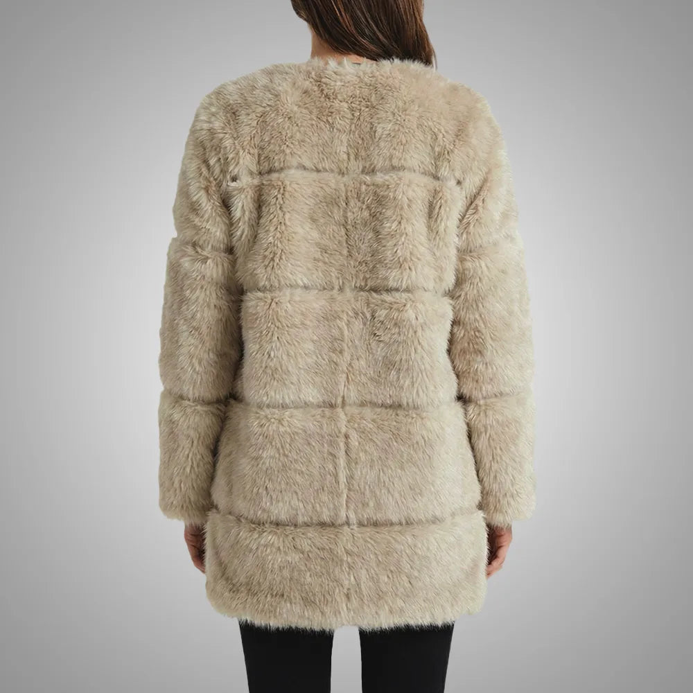 River Island Cream Long Panelled Fur Jacket