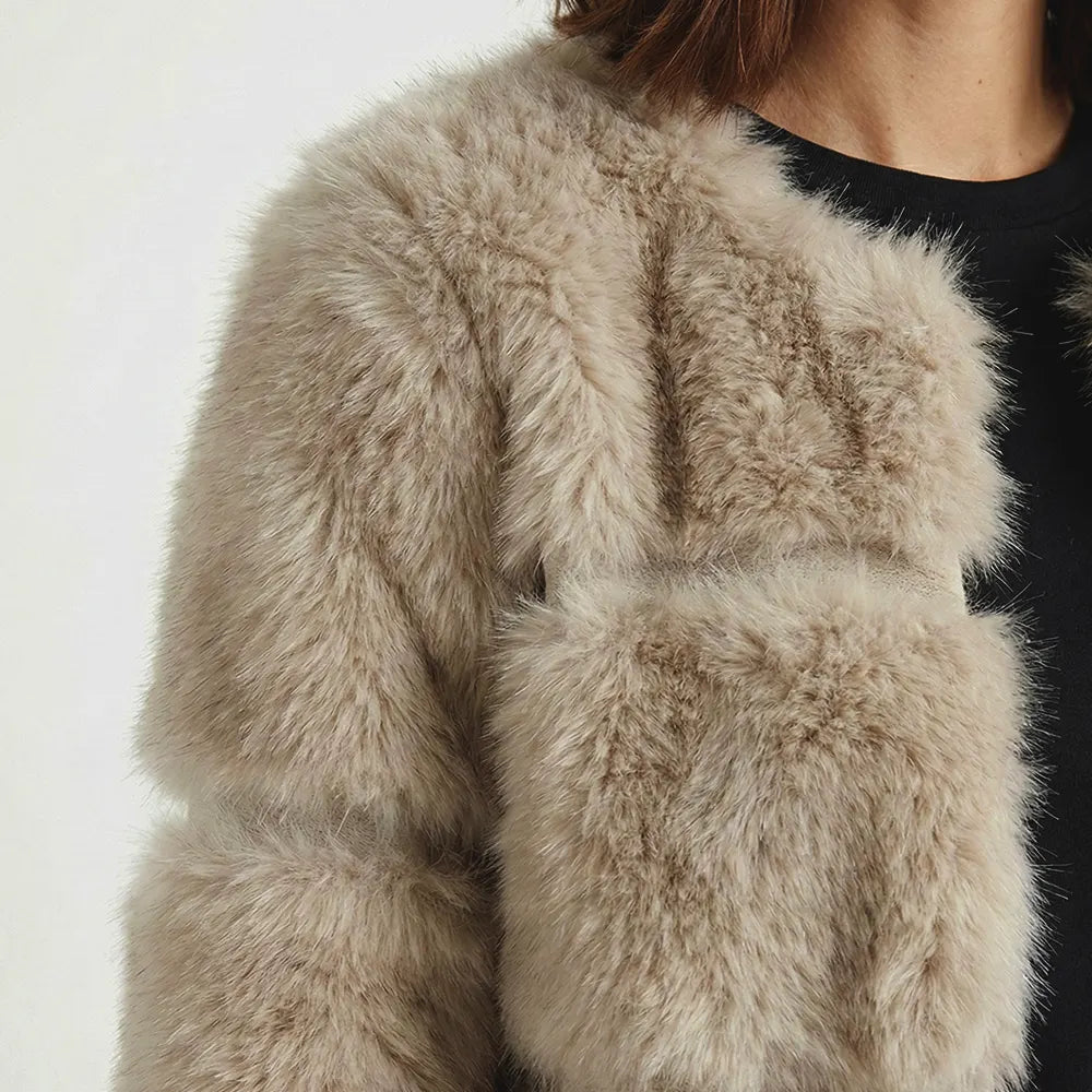 River Island Cream Long Paneled Fur Jacket