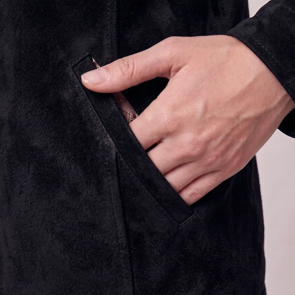 Women's Italian Lambskin Black Leather Anorak Coat | Nubuck Double Collar