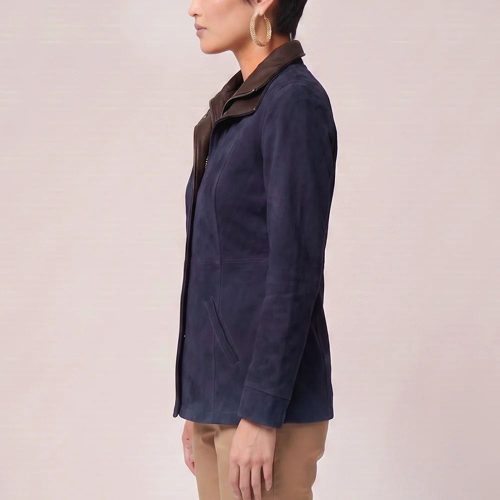 Women's Italian Lambskin Blue Leather Anorak Coat | Nubuck Double Collar